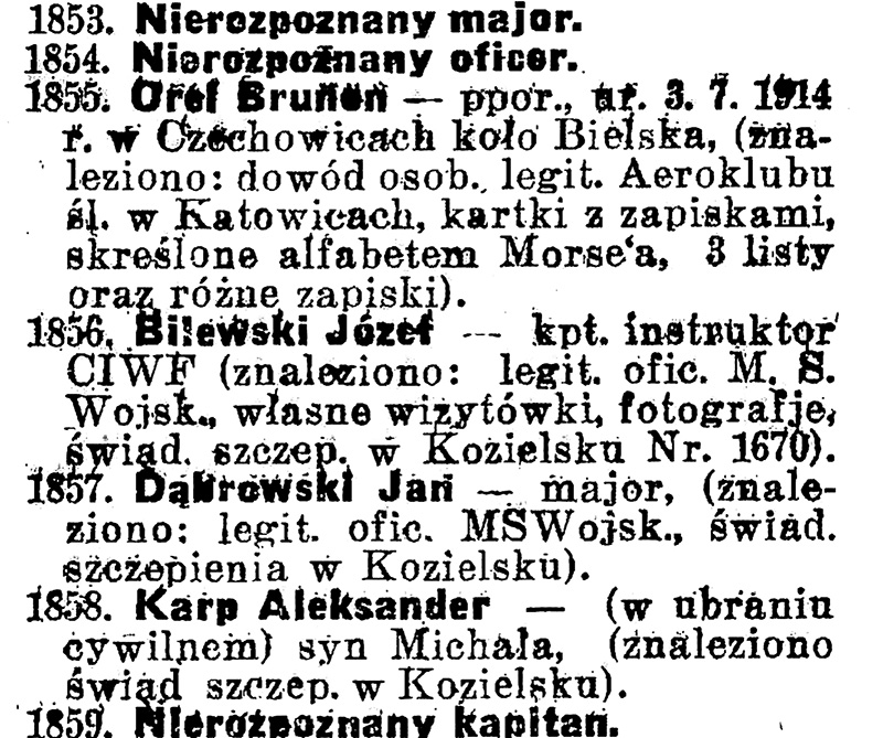 Informacje o tragicznej śmierci polskich oficerów zamieszczono w „Gońcu Krakowskim” w kwietniu i maju 1943 r. Pod numerem 1856 widnieje nazwisko Józefa Bilewskiego. Źródło: archiwum rodzinne Artura Bilewskiego