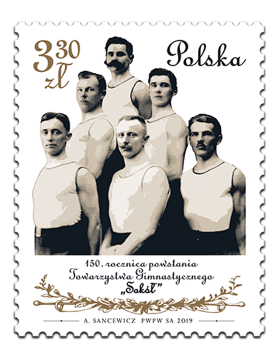 Znaczek pocztowy emisji „150. rocznica powstania Towarzystwa Gimnastycznego Sokół” wydany w 2019 r. Źródło: Poczta Polska