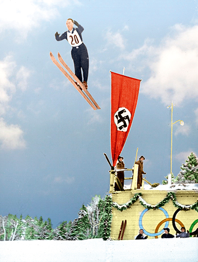 Bronisław Czech w skoku z małej skoczni podczas międzynarodowych zawodów narciarskich w Garmisch-Partenkirchen, styczeń 1938 Fot. NAC