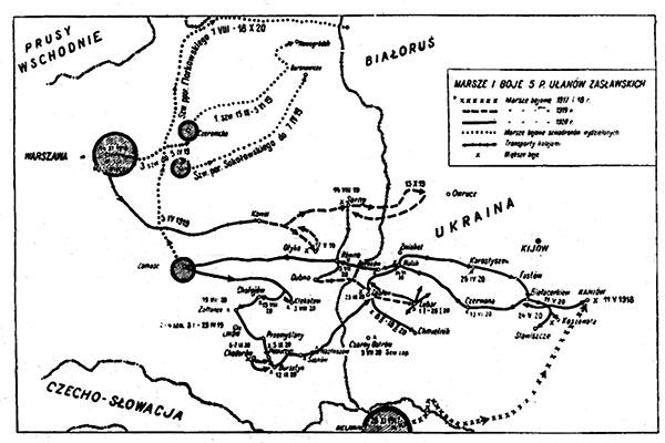Szlak bojowy 5. Pułku Ułanów Zasławskich, w którym walczył Tadeusz Gebethner. Ilustracja zamieszczona w książce Tadeusza Nowińskiego Zarys historji wojennej 5-go Pułku Ułanów Zasławskich, Warszawa 1929. Źródło: Wielkopolska Biblioteka Cyfrowa