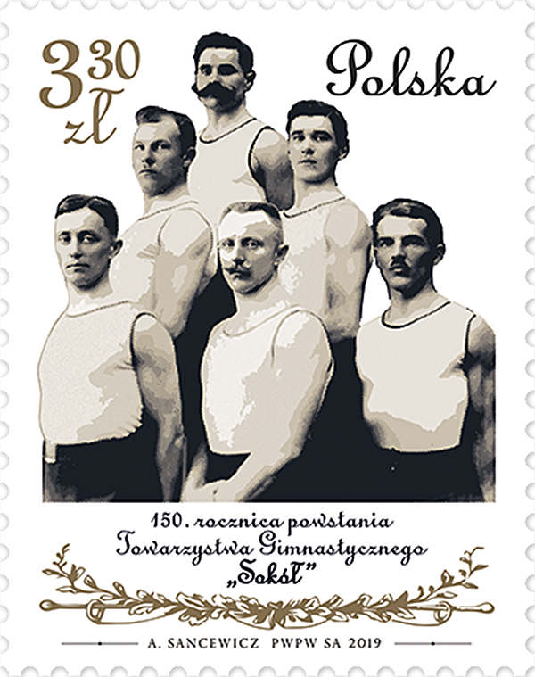 Znaczek pocztowy „150. rocznica powstania Towarzystwa Gimnastycznego »Sokół«”. Źródło: Poczta Polska S.A.