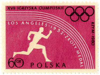 Znaczek pocztowy z okazji igrzysk olimpijskich w Rzymie (1960 r.) upamiętniający złoty medal zdobyty przez Janusza Kusocińskiego w Los Angeles Ze zbiorów prywatnych Jacka Kosmali