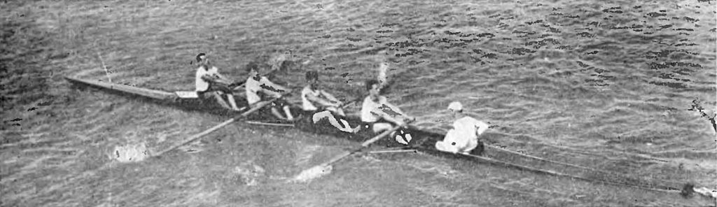 Czwórka ze sternikiem AZS Warszawa: Władysław Nadratowski, Stefan Piątkowski, Piotr Kurnicki, Henryk Niezabitowski, Otto Gordziałkowski, 1924 r. Źródło: Pomorska Biblioteka Cyfrowa