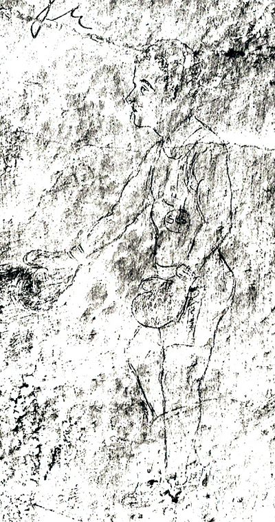 Rysunek boksera wydrapany w tynku na ścianach celi nr 18 w bloku nr 11 (tzw. Bloku Śmierci) KL Auschwitz. Postać boksera jest podobna do mnie, ma charakterystyczne kręcone włosy, które pozostały mi do dzisiaj, natomiast litery „SOS” widoczne na koszulce boksera były rysowane przez nas w obozie w umówionych miesiącach, kiedy groziło nam niebezpieczeństwo i trzeba było kolegów ostrzec przed nim lub prosić o pomoc – stwierdził po wojnie Tadeusz Pietrzykowski (cyt. za: Adam Cyra, Bokser i śmierć, 23 lutego 2012 r., www.cyra.wblogu.pl) Zdjęcie pochodzi z prywatnego bloga dr. Adama Cyry