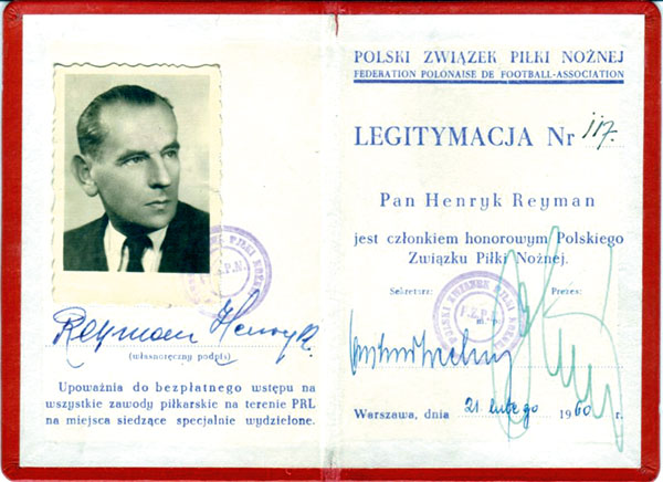 Legitymacja Henryka Reymana – członka honorowego Polskiego Związku Piłki Nożnej. Źródło: historiawisly.pl